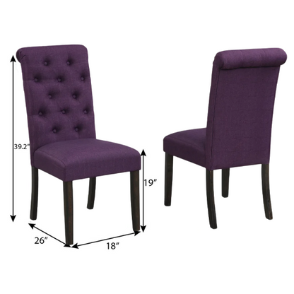 Set of 2 purple tufted high-back dining chairs with espresso-finished solid wood legs and soft polyester upholstery—ideal for adding color and elegance to dining spaces.

