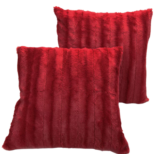 Set of two red faux fur throw pillows, 18x18 inches, square plush decorative cushions with microfiber fill—perfect for adding bold color and comfort to sofas, beds, and modern interiors

