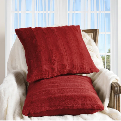 Set of two red faux fur throw pillows, 18x18 inches, square plush decorative cushions with microfiber fill—perfect for adding bold color and comfort to sofas, beds, and modern interiors

