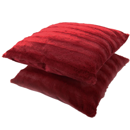 Set of two red faux fur throw pillows, 18x18 inches, square plush decorative cushions with microfiber fill—perfect for adding bold color and comfort to sofas, beds, and modern interiors

