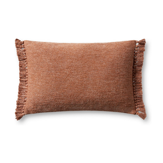 Rust-colored rectangular lumbar throw pillow with fringe trim, 13x21 inches, featuring a cotton-polyester-rayon cover and plush polyester fill—ideal for modern or boho home décor.

