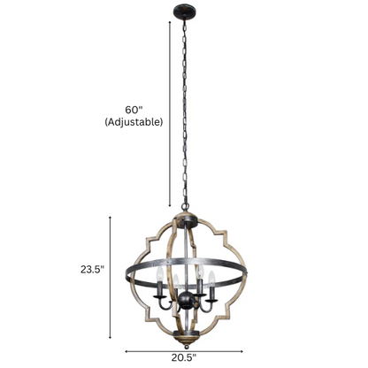 Rustic farmhouse 4-light chandelier with distressed metal frame and candle-style bulbs, hanging ceiling light for dining room or entryway