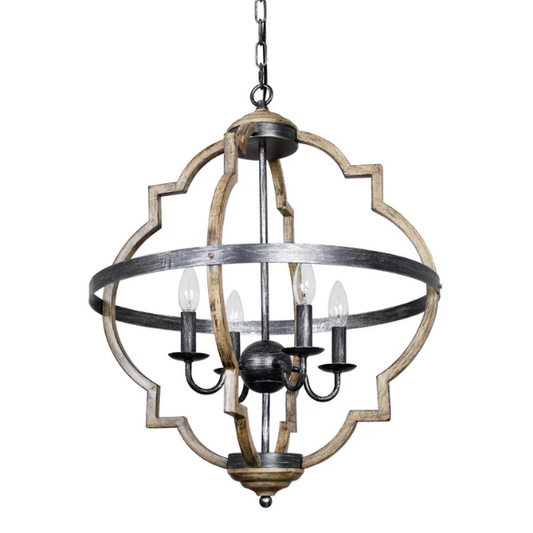 Rustic farmhouse 4-light chandelier with distressed metal frame and candle-style bulbs, hanging ceiling light for dining room or entryway