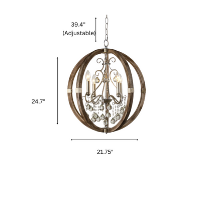 Rustic farmhouse orb chandelier with weathered wood frame, silver metal accents, and clear crystal drops – 4-light ceiling fixture for entryway, dining room, or bedroom