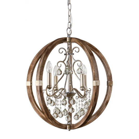 Rustic farmhouse orb chandelier with weathered wood frame, silver metal accents, and clear crystal drops – 4-light ceiling fixture for entryway, dining room, or bedroom