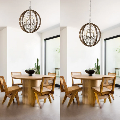 Rustic farmhouse orb chandelier with weathered wood frame, silver metal accents, and clear crystal drops – 4-light ceiling fixture for entryway, dining room, or bedroom