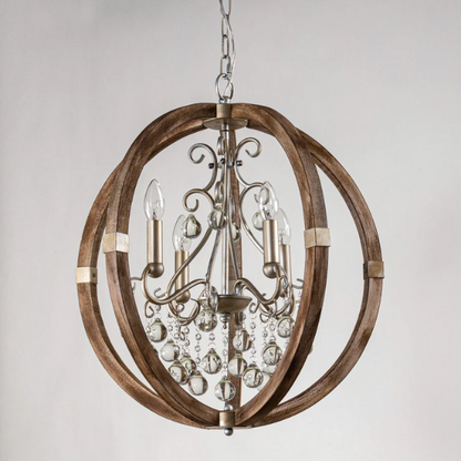 Rustic farmhouse orb chandelier with weathered wood frame, silver metal accents, and clear crystal drops – 4-light ceiling fixture for entryway, dining room, or bedroom