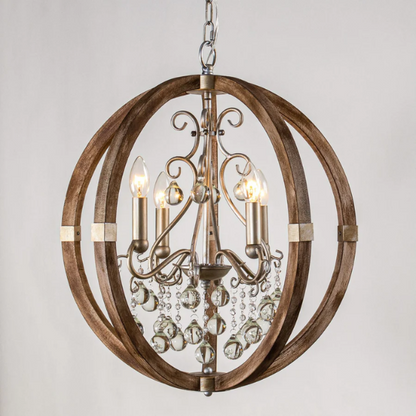 Rustic farmhouse orb chandelier with weathered wood frame, silver metal accents, and clear crystal drops – 4-light ceiling fixture for entryway, dining room, or bedroom
