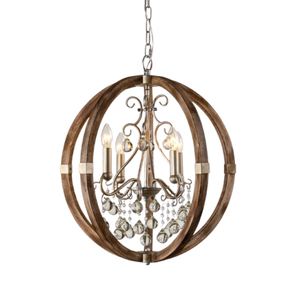 Rustic farmhouse orb chandelier with weathered wood frame, silver metal accents, and clear crystal drops – 4-light ceiling fixture for entryway, dining room, or bedroom