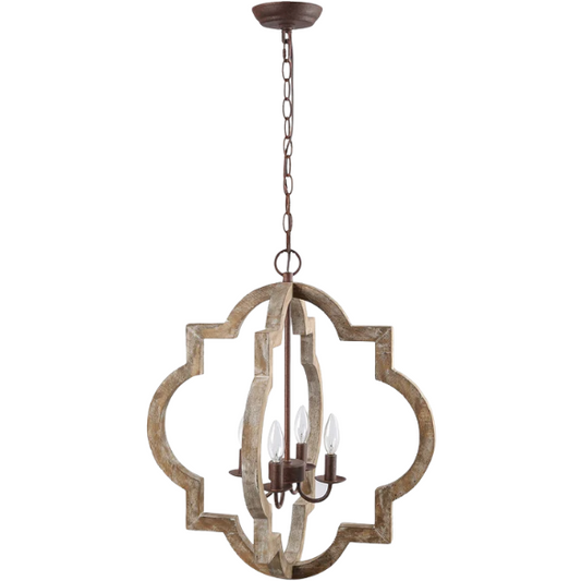 Rustic distressed wood and iron quatrefoil chandelier with candle-style lights and adjustable chain, ideal for farmhouse or French country interiors.


