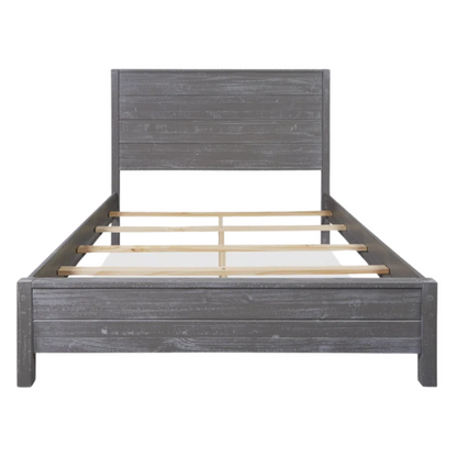 Rustic grey queen-size bed frame crafted from solid pine wood with a distressed finish and plank-style headboard.