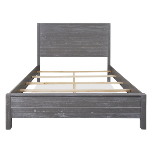 Rustic grey queen-size bed frame crafted from solid pine wood with a distressed finish and plank-style headboard.