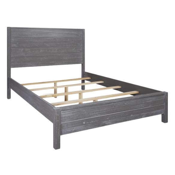 Rustic grey queen-size bed frame crafted from solid pine wood with a distressed finish and plank-style headboard.


