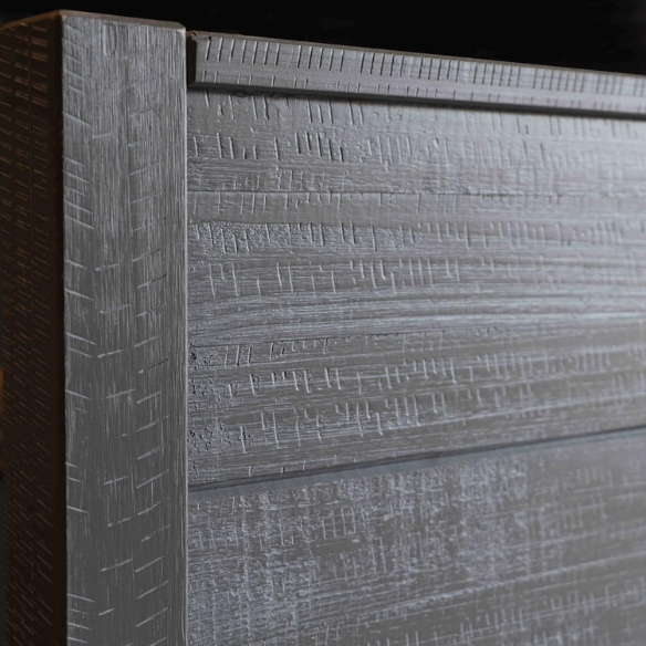 Rustic grey queen-size bed frame crafted from solid pine wood with a distressed finish and plank-style headboard.

