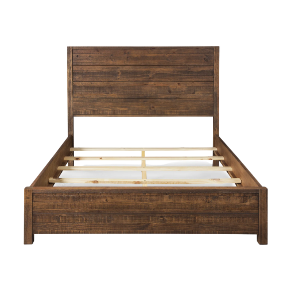 Rustic solid wood queen size bed frame in reddish brown finish with farmhouse style headboard and distressed pine wood grain 