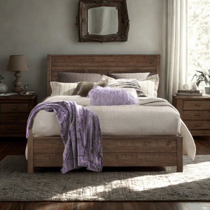 Rustic solid wood queen size bed frame in reddish brown finish with farmhouse style headboard and distressed pine wood grain