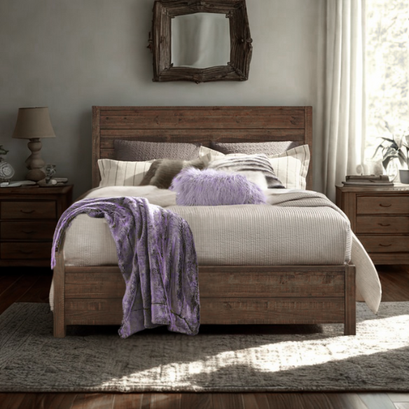 Rustic solid wood queen size bed frame in reddish brown finish with farmhouse style headboard and distressed pine wood grain