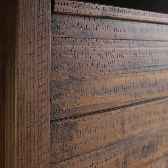 Rustic solid wood queen size bed frame in reddish brown finish with farmhouse style headboard and distressed pine wood grain