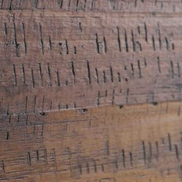 Rustic solid wood queen size bed frame in reddish brown finish with farmhouse style headboard and distressed pine wood grain