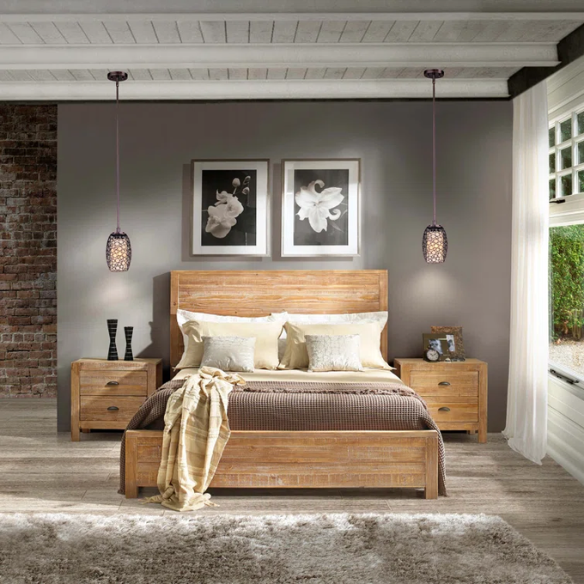 Rustic tan queen size solid wood bed frame with distressed plank headboard and sturdy pine construction