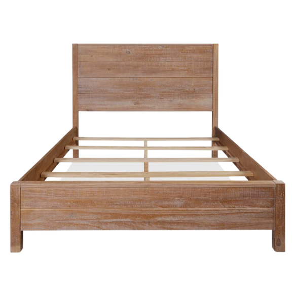 Rustic tan queen size solid wood bed frame with distressed plank headboard and sturdy pine construction