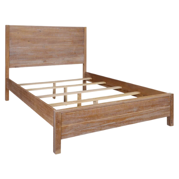 Rustic tan queen size solid wood bed frame with distressed plank headboard and sturdy pine construction