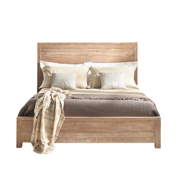 Rustic tan queen size solid wood bed frame with distressed plank headboard and sturdy pine construction