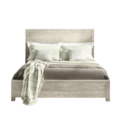 Rustic solid wood full size bed frame in rustic white finish with farmhouse plank headboard and distressed pine grain texture