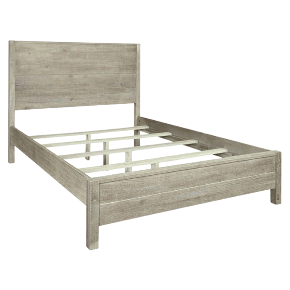 Rustic solid wood full size bed frame in rustic white finish with farmhouse plank headboard and distressed pine grain texture