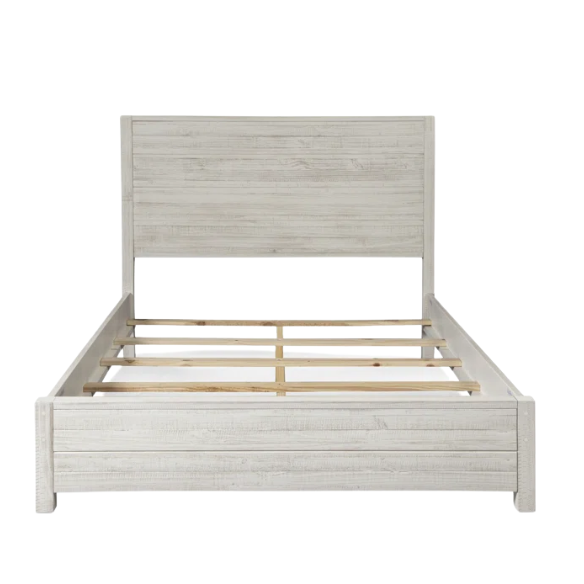 Rustic white queen-size bed frame made from solid pine wood with hand-distressed finish and plank-style headboard.

