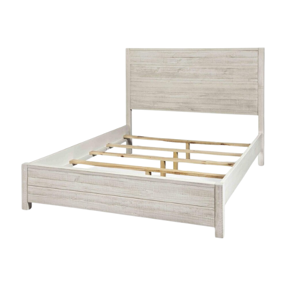 Rustic white queen-size bed frame made from solid pine wood with hand-distressed finish and plank-style headboard.

