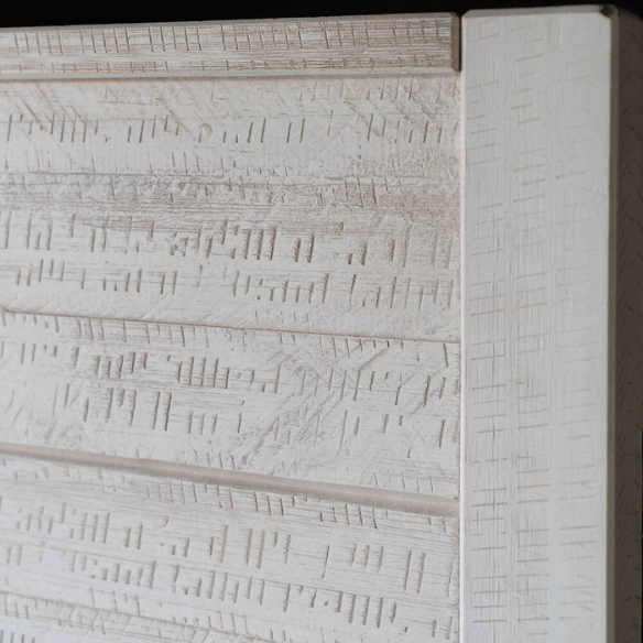 Rustic white queen-size bed frame made from solid pine wood with hand-distressed finish and plank-style headboard.

