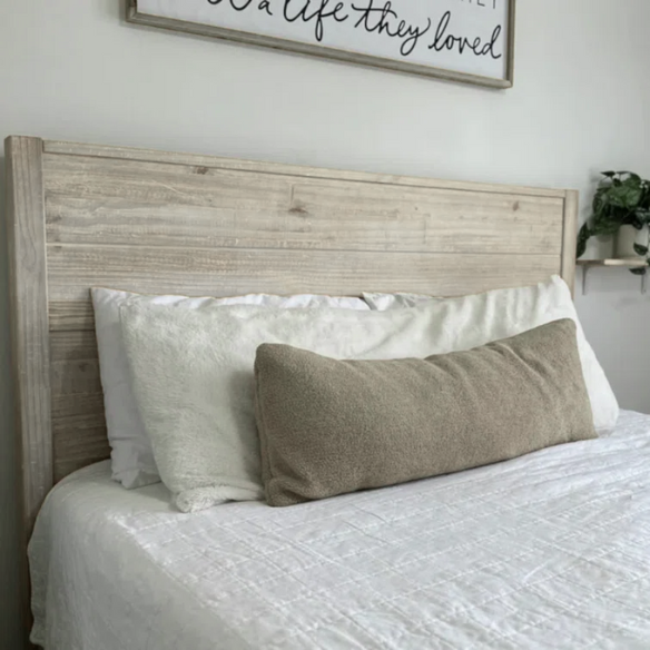 Rustic white queen-size bed frame made from solid pine wood with hand-distressed finish and plank-style headboard.

