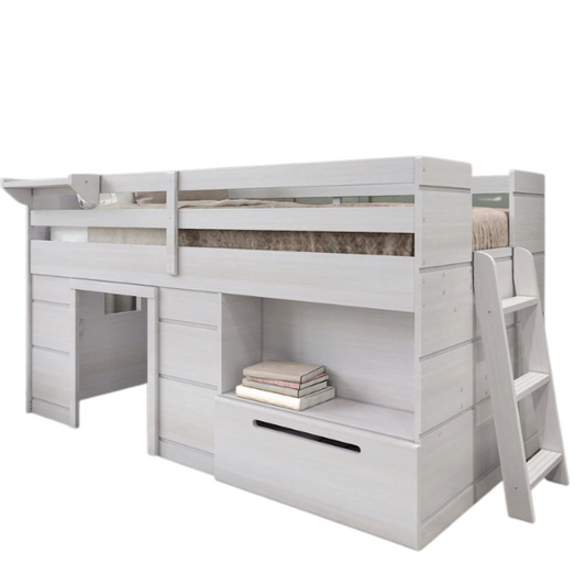 Rustic white twin low loft bed with angled ladder, built-in drawer, open shelf, and bedside tray – farmhouse style solid wood frame for children’s bedrooms

