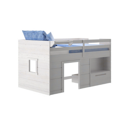 Rustic white twin low loft bed with angled ladder, built-in drawer, open shelf, and bedside tray – farmhouse style solid wood frame for children’s bedrooms

