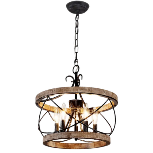 Rustic 5-light wood cage chandelier with distressed white birch finish, ideal for dining rooms, kitchen islands, and entryways