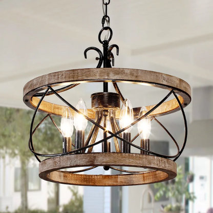 Rustic 5-light wood cage chandelier with distressed white birch finish, ideal for dining rooms, kitchen islands, and entryways

