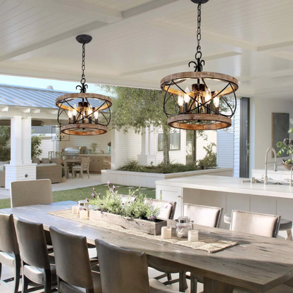 Rustic 5-light wood cage chandelier with distressed white birch finish, ideal for dining rooms, kitchen islands, and entryways

