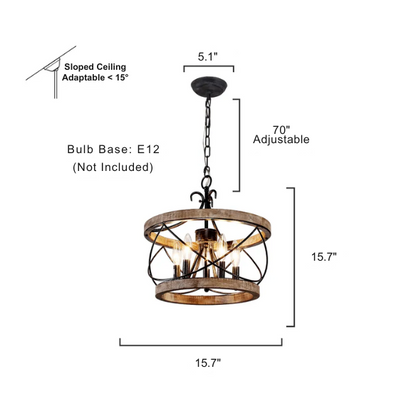 Rustic 5-light wood cage chandelier with distressed white birch finish, ideal for dining rooms, kitchen islands, and entryways

