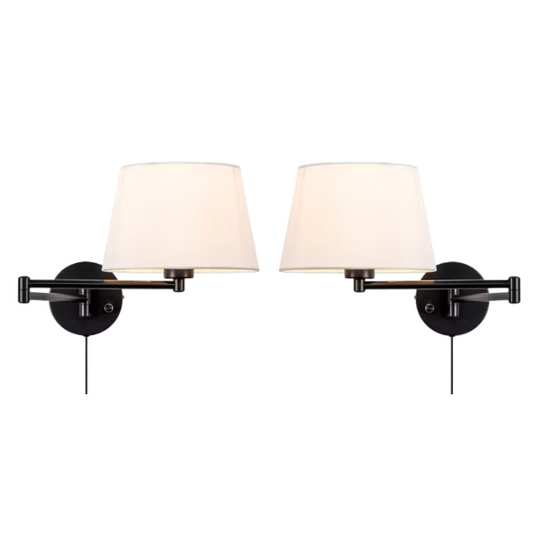 Set of 2 black swing arm wall sconces with white linen shades, adjustable arms, and plug-in or hardwired installation for bedroom or living room use

