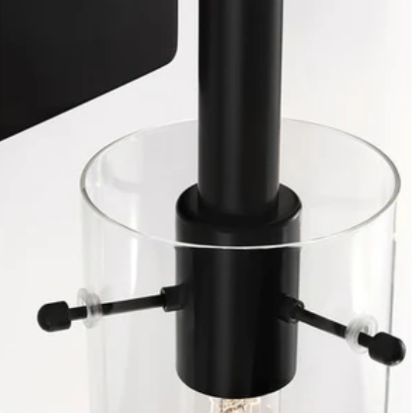 Set of 2 black wall sconces with hand-blown glass cylinder shades and bronze hardware, mountable up or down for modern or farmhouse interiors

