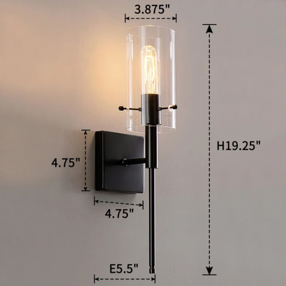 Set of 2 black wall sconces with hand-blown glass cylinder shades and bronze hardware, mountable up or down for modern or farmhouse interiors

