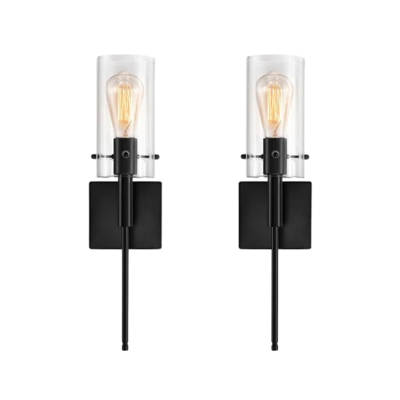 Set of 2 black wall sconces with hand-blown glass cylinder shades and bronze hardware, mountable up or down for modern or farmhouse interiors


