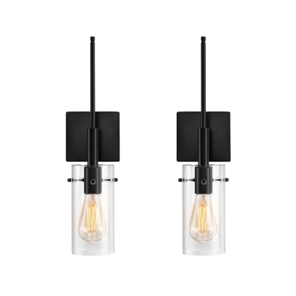 Set of 2 black wall sconces with hand-blown glass cylinder shades and bronze hardware, mountable up or down for modern or farmhouse interiors

