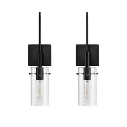 Set of 2 black wall sconces with hand-blown glass cylinder shades and bronze hardware, mountable up or down for modern or farmhouse interiors

