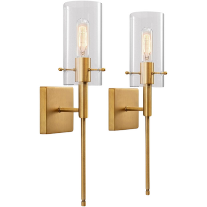 Set of 2 gold wall sconces with clear hand-blown glass cylinder shades and bronze thumbscrews, mountable up or down for modern and farmhouse interiors

