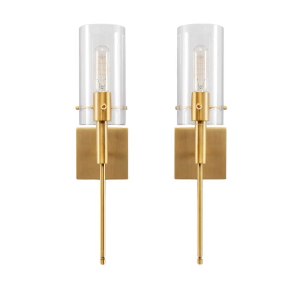 Set of 2 gold wall sconces with clear hand-blown glass cylinder shades and bronze thumbscrews, mountable up or down for modern and farmhouse interiors

