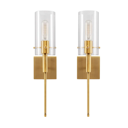 Set of 2 gold wall sconces with clear hand-blown glass cylinder shades and bronze thumbscrews, mountable up or down for modern and farmhouse interiors

