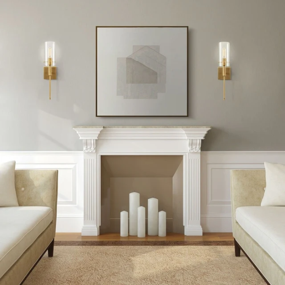 Set of 2 gold wall sconces with clear hand-blown glass cylinder shades and bronze thumbscrews, mountable up or down for modern and farmhouse interiors

