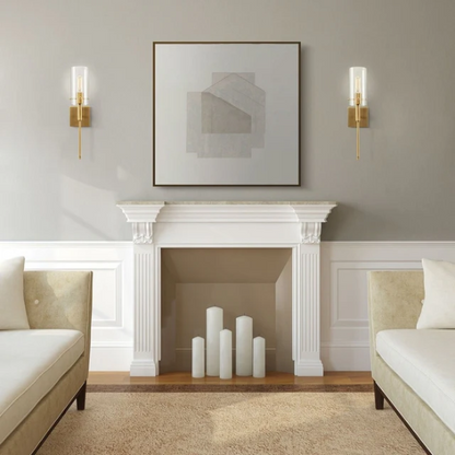 Set of 2 gold wall sconces with clear hand-blown glass cylinder shades and bronze thumbscrews, mountable up or down for modern and farmhouse interiors

